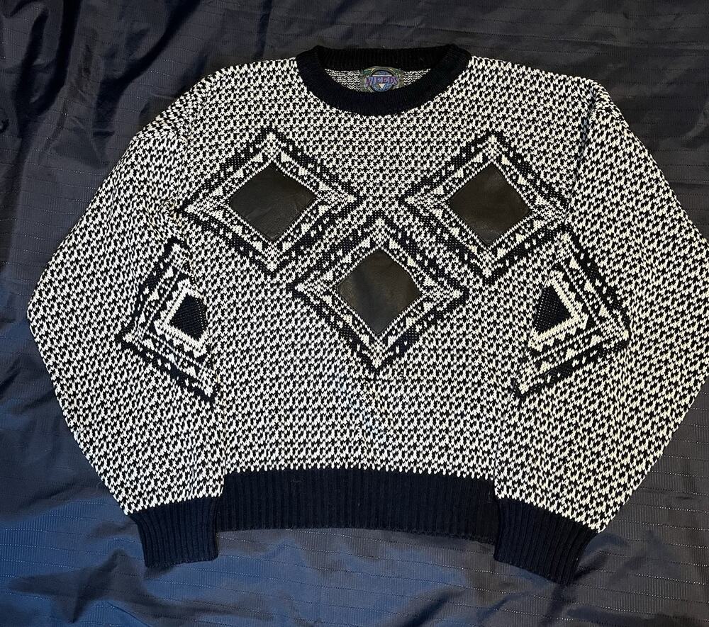 Vintage Black Weeds Geometric Graphic Leather Patches Sweater (1980s) XL